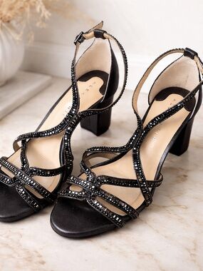 Alex Marie Black Rhinestone Strappy Block Heel Sandals Formal Party ShoesSize9.5